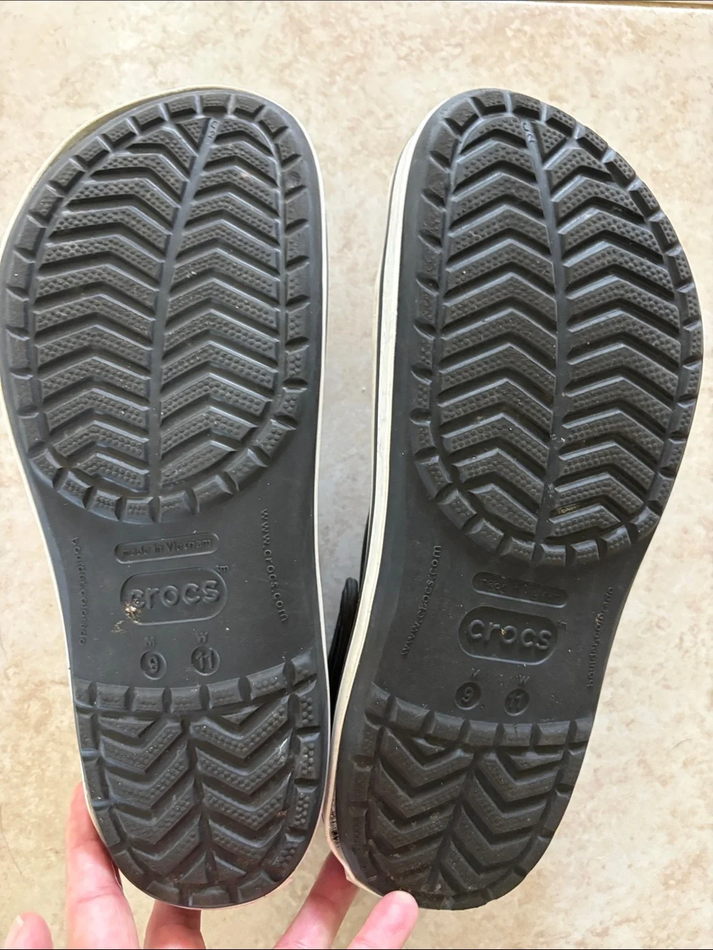 CROCS Men's Black Clogs with White Trim and Fun Jibbitz